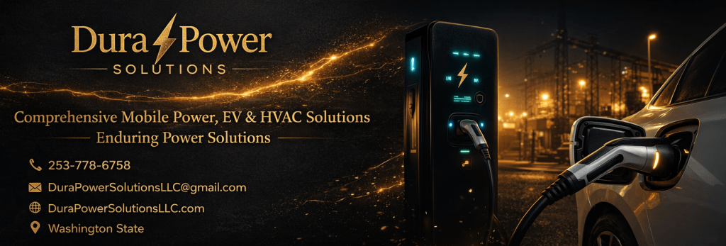 Dura Power Solutions banner featuring a charging station with an electric vehicle connected, showcasing services in mobile power, EV, and HVAC solutions.